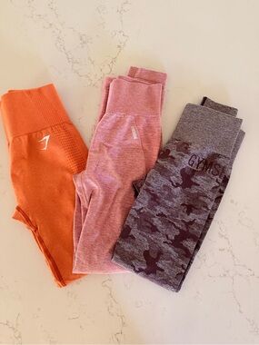 Gymshark women’s  Leggings Trio in Orange, Pink & Gray/burgandy Camo-Small